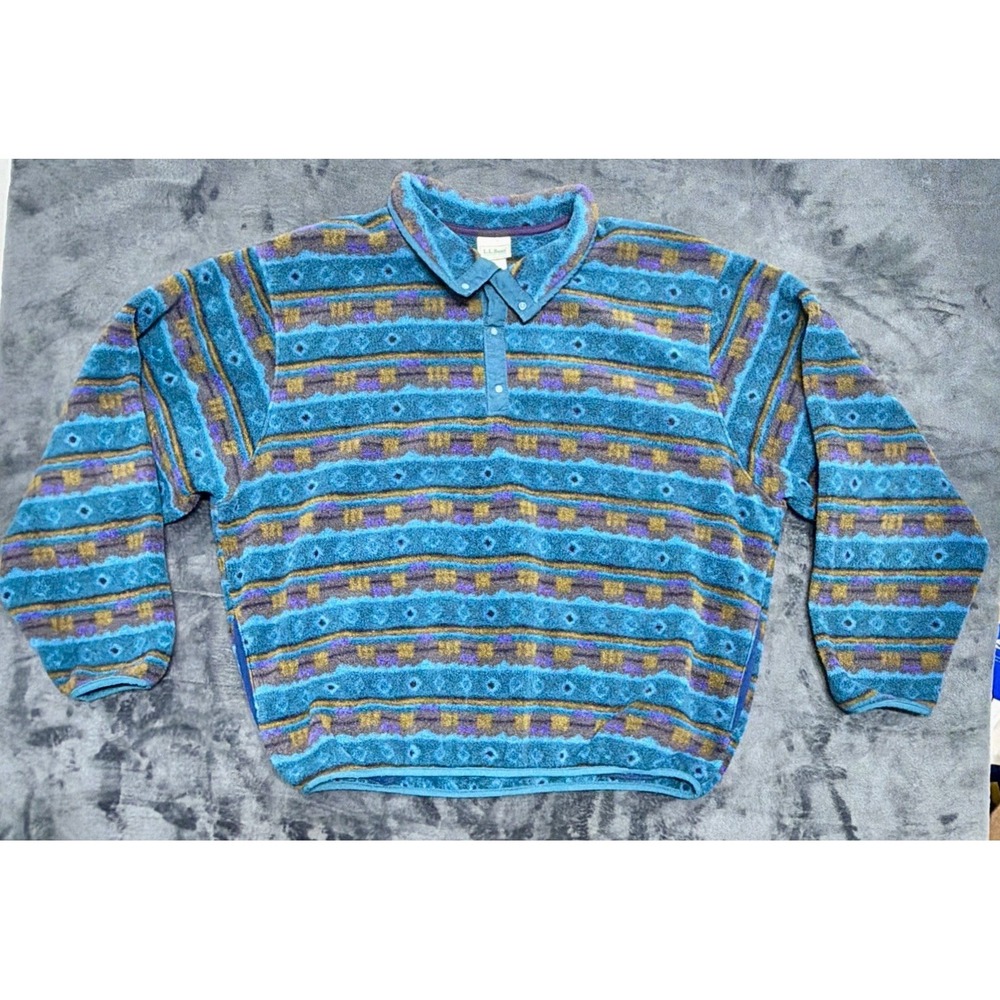Vintage L.L.Bean Geometric Fleece Mock Neck Snap Pullover Sweatshirt. Sz. Large